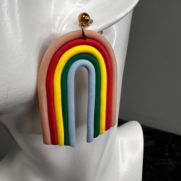 Rainbow Dangle Earrings Gold Tone Bright Colors Clay Pierced - Picture 3 of 6